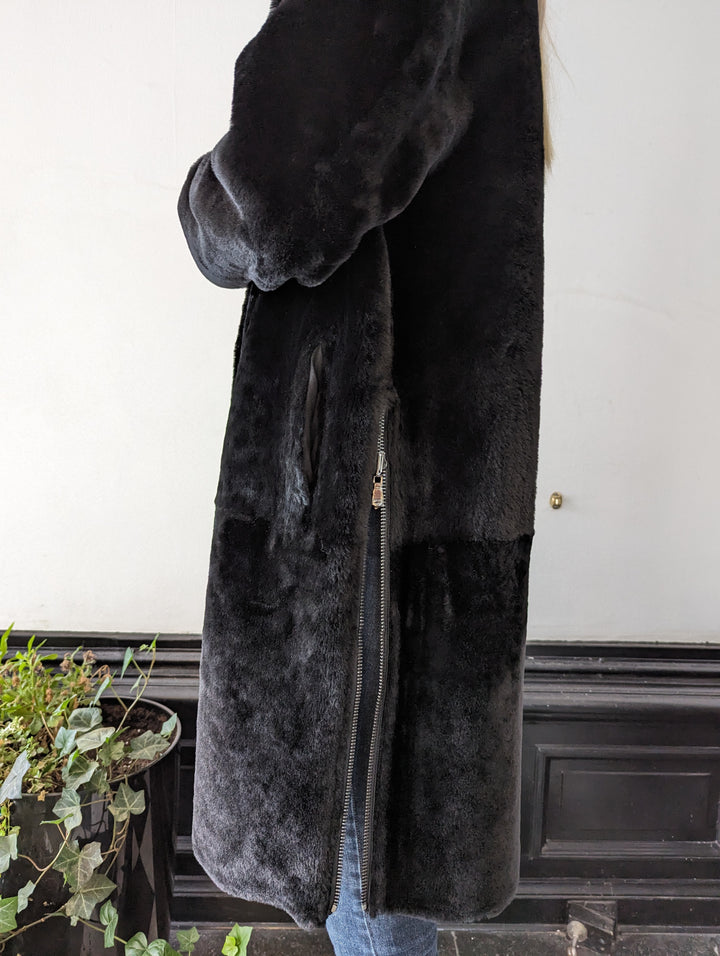 Giorgiana, 95 cm. - Gola - Jaqueta de cordeiro shearling -Mulher - Preto