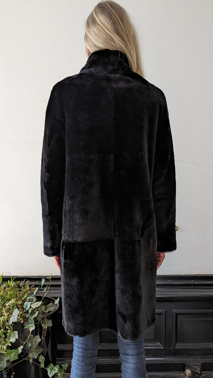 Giorgiana, 95 cm. - Gola - Jaqueta de cordeiro shearling -Mulher - Preto