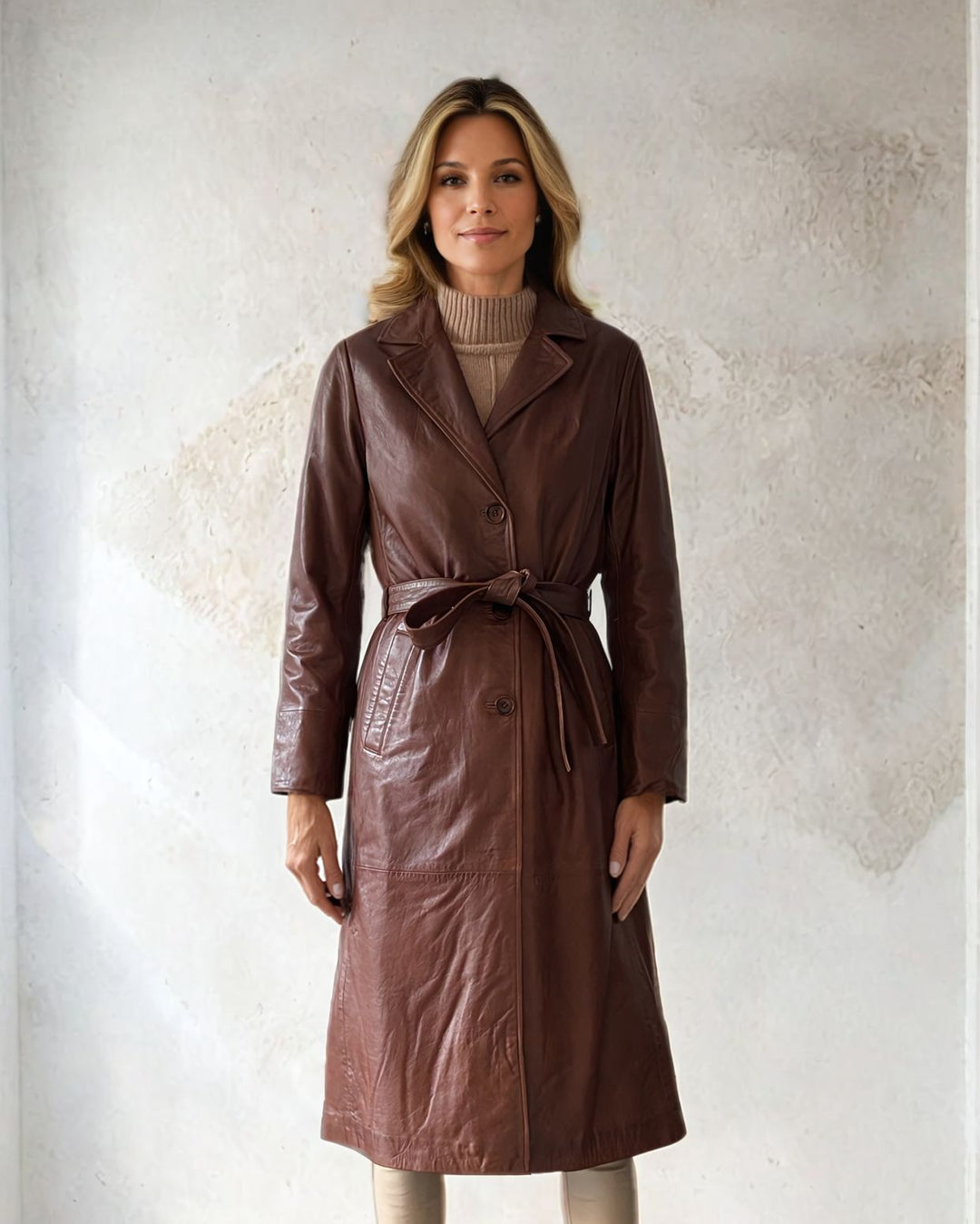 Connie, 115 cm. - Kraag - Lams Malli Leer - Dames - Donker cognac