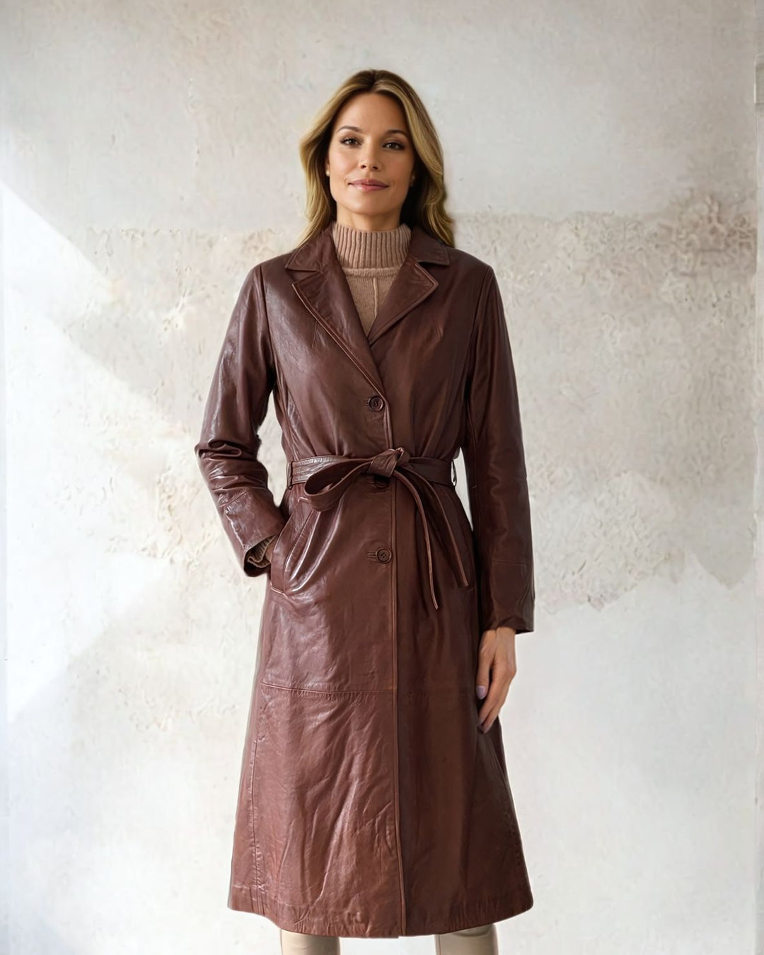 Connie, 115 cm. - Kraag - Lams Malli Leer - Dames - Donker cognac