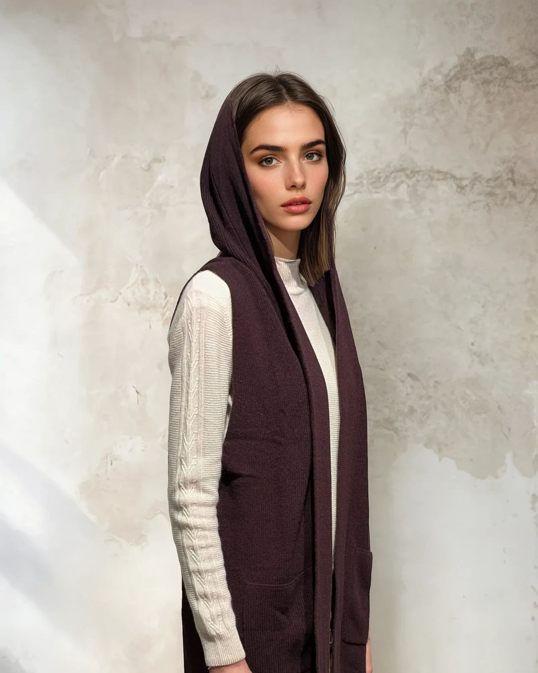 240324-01A lang vest - 100 % ren kashmir - kvinder - brun