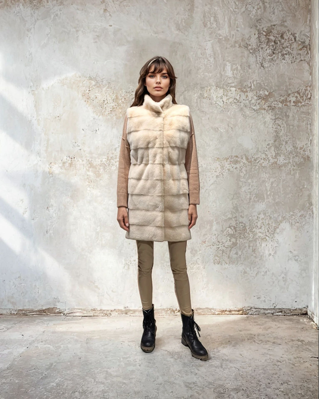 Chaleco Denise, 90 cm. - Cuello - Visón - Mujer - Marfil