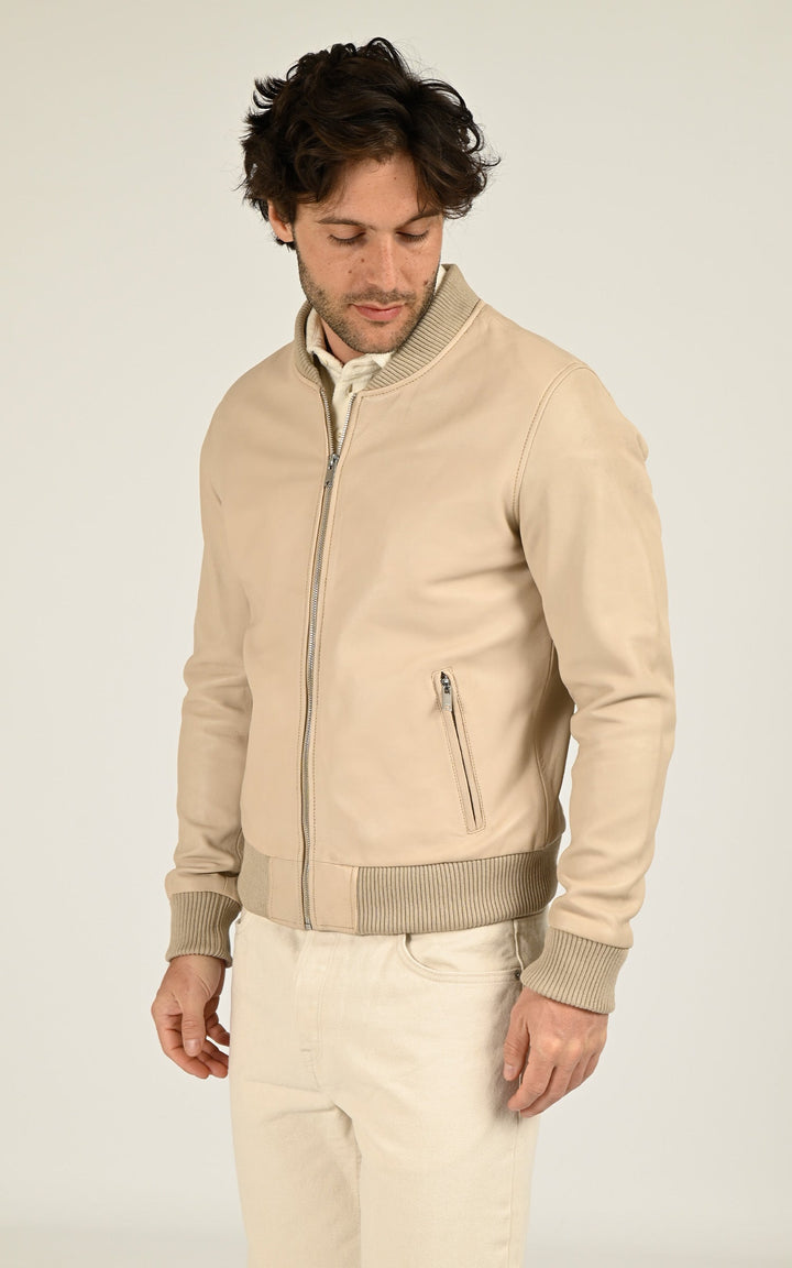 Beige Bonbon Leather Varsity Jacket - Men