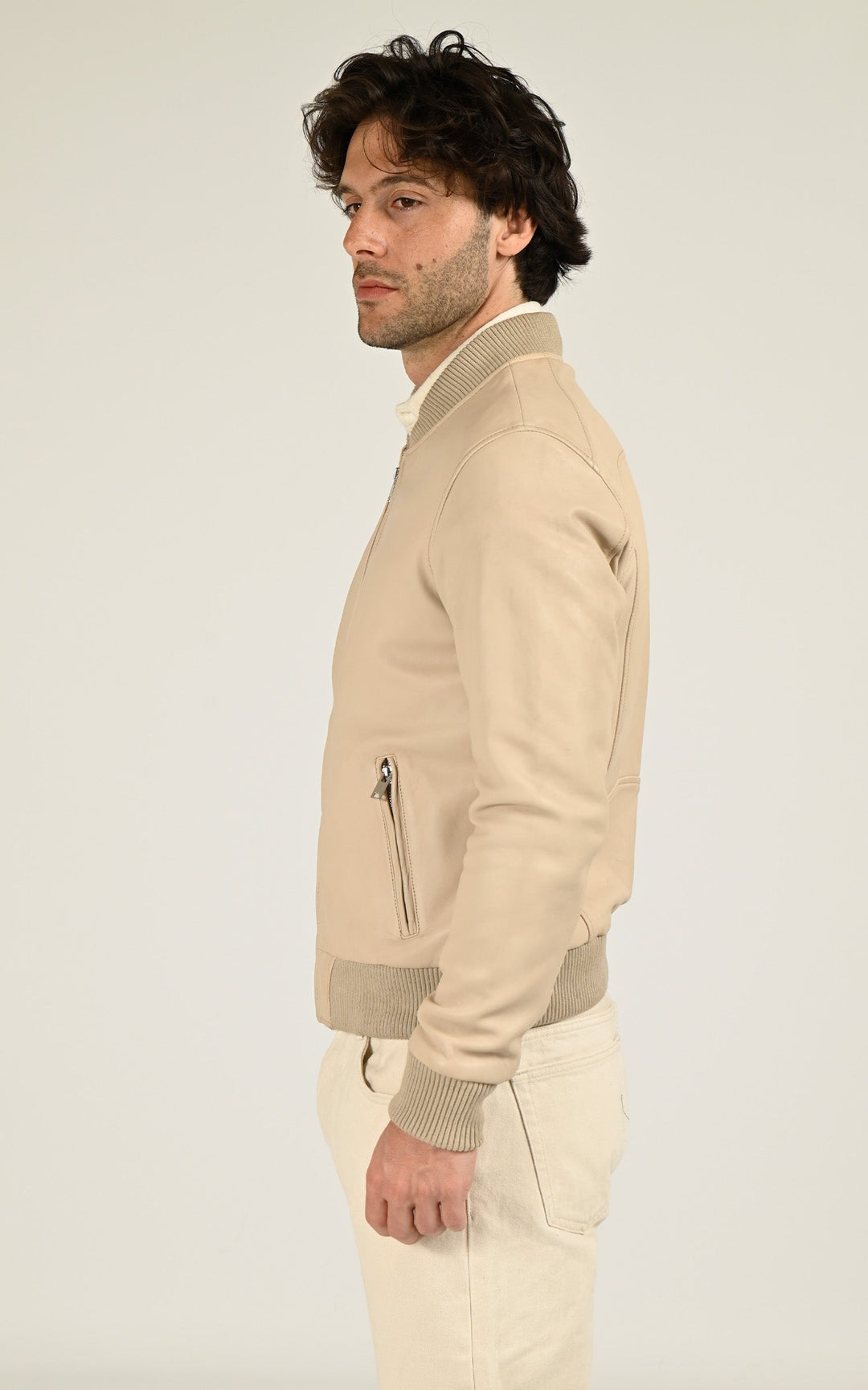 Beige Bonbon Leather Varsity Jacket - Men
