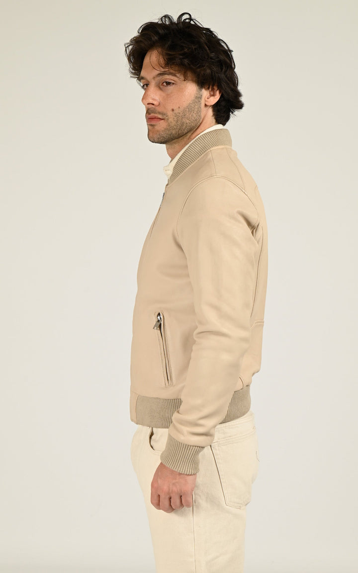 Beige Bonbon Leather Varsity Jacket - Men