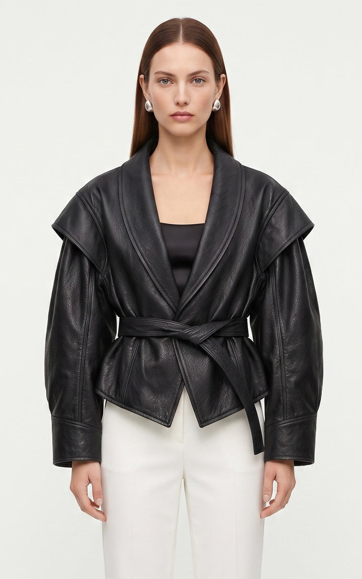 Black Mia Belted Leather Jacket - Women