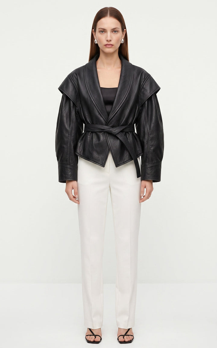 Black Mia Belted Leather Jacket - Women