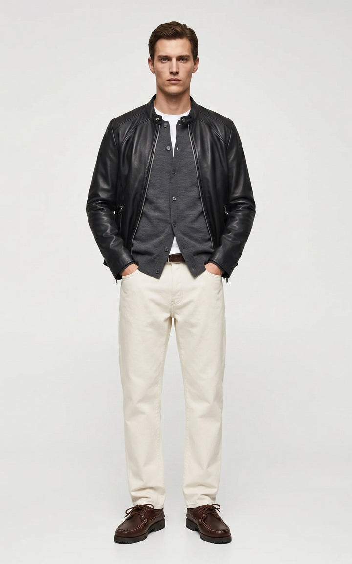 Leni Black Leather Biker Jacket - Men