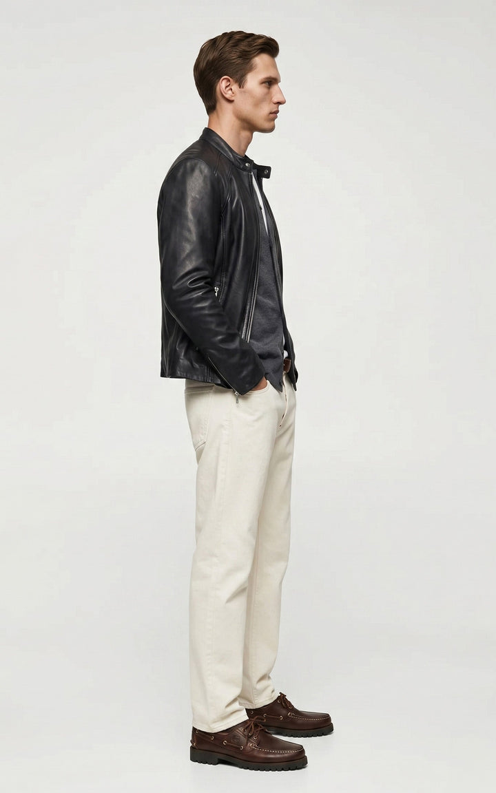 Leni Black Leather Biker Jacket - Men