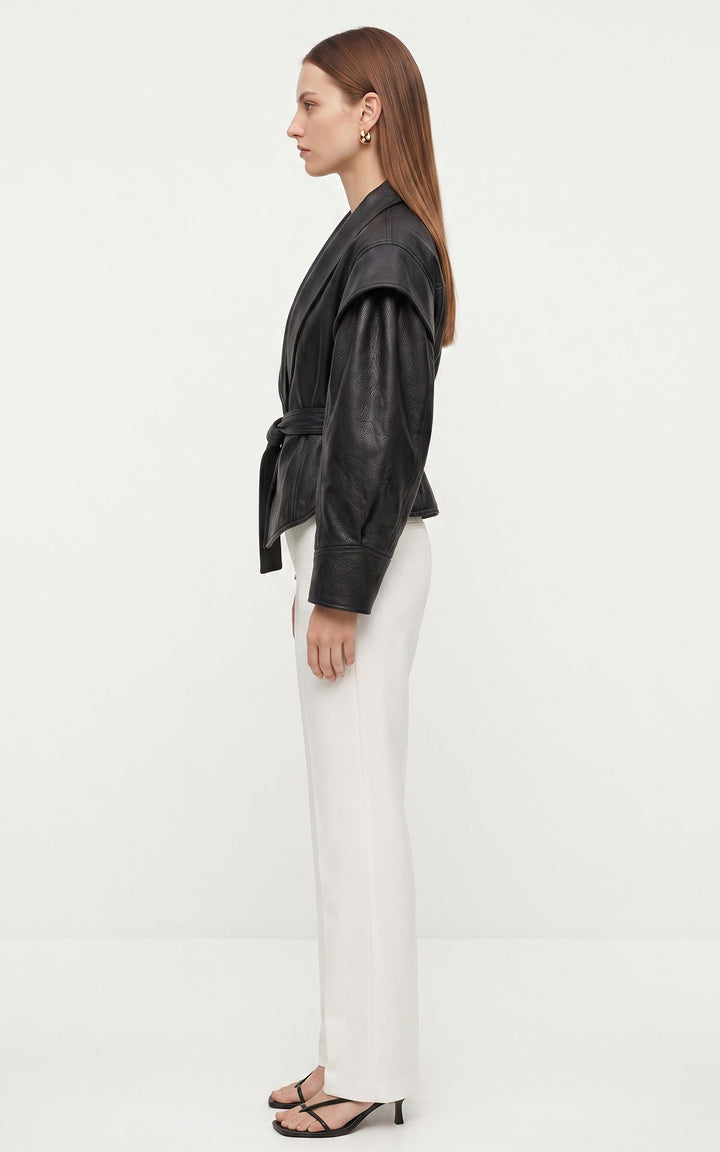 Black Mia Belted Leather Jacket - Women