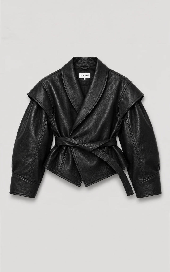 Black Mia Belted Leather Jacket - Women
