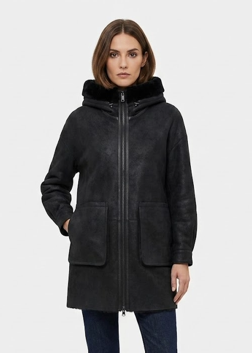 Gavina, 84 cm. - Capuchon - Nappa Lam - Dames - Zwart