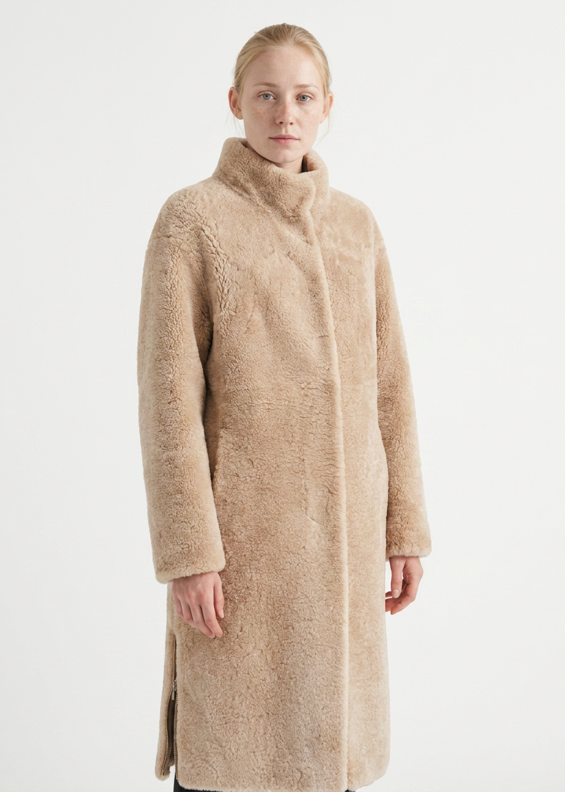 Filuka dark beige curly lamb coat with a high collar, front view on a model