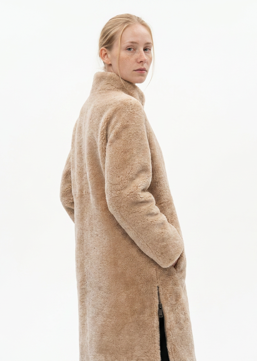 Model wearing the dark beige Filuka curly lamb coat, rear three-quarter view showing the side zip