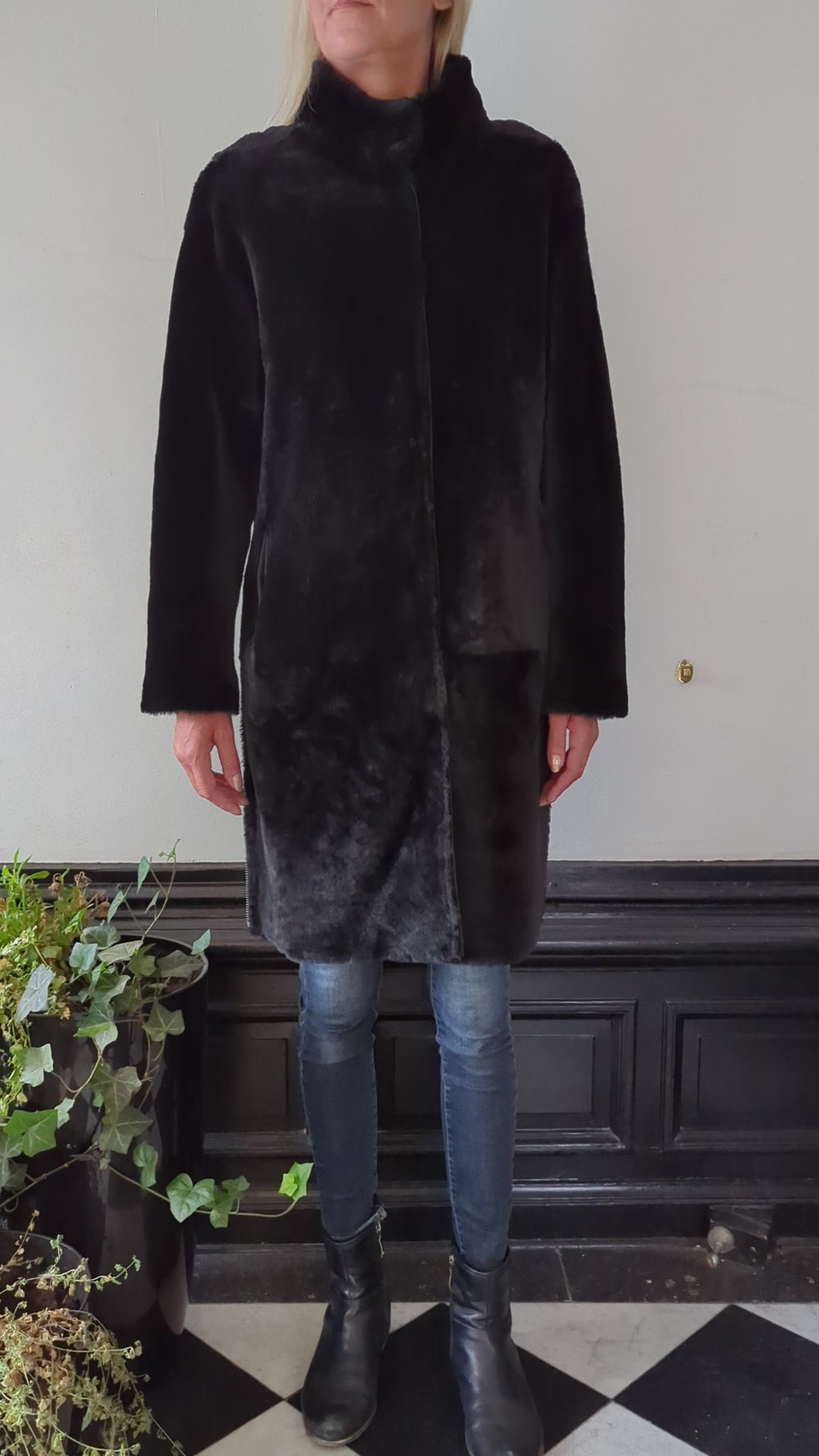 Giorgiana, 95 cm. - Gola - Jaqueta de cordeiro shearling -Mulher - Preto