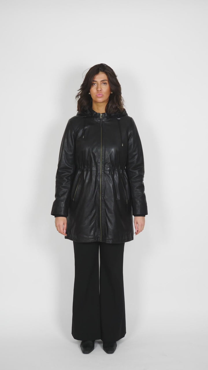 Danyal, 82 cm. - Leren jas met capuchon - Dames - Zwart