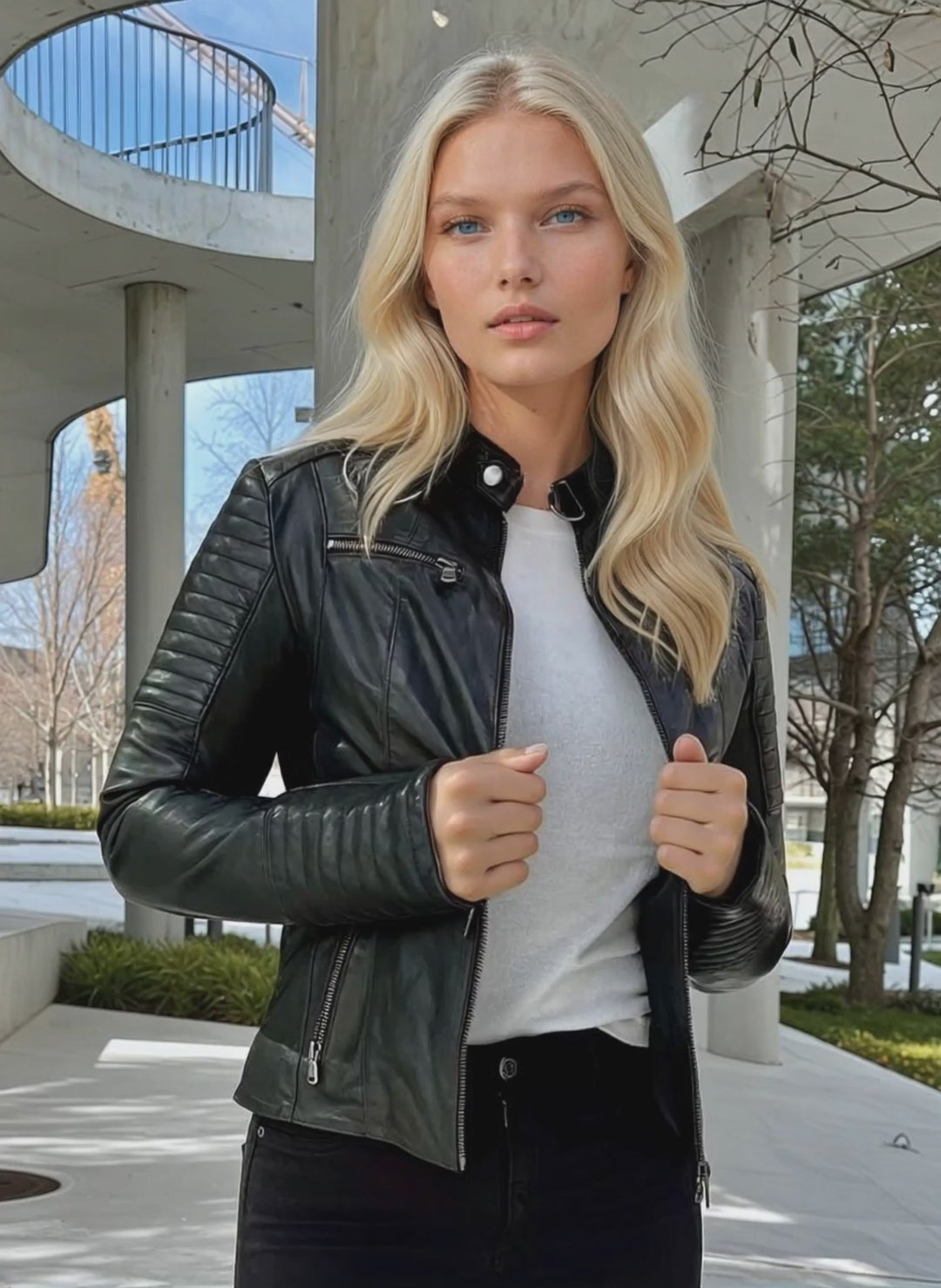 Video showing a model wearing the Scooty black lambskin biker jacket outdoors