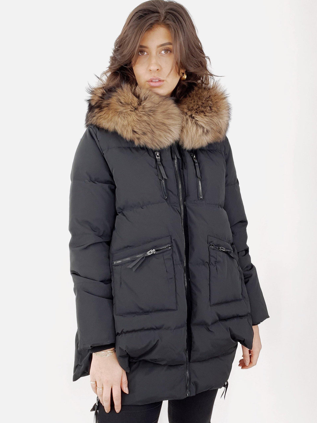 Michelle 2, 90 cm. - Hætte - Dun - Damer - Sort - Dun - Damer - Michelle 2, 90 cm. - Hætte - Dun - Damer - Sort - Stampe Pels