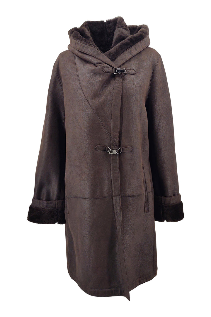 969, 90 cm. - Capuchon - Nappa Lamb Crack - Dames - Bruin / Lamme Pels - Levinsky -Kvinde | STAMPE PELS