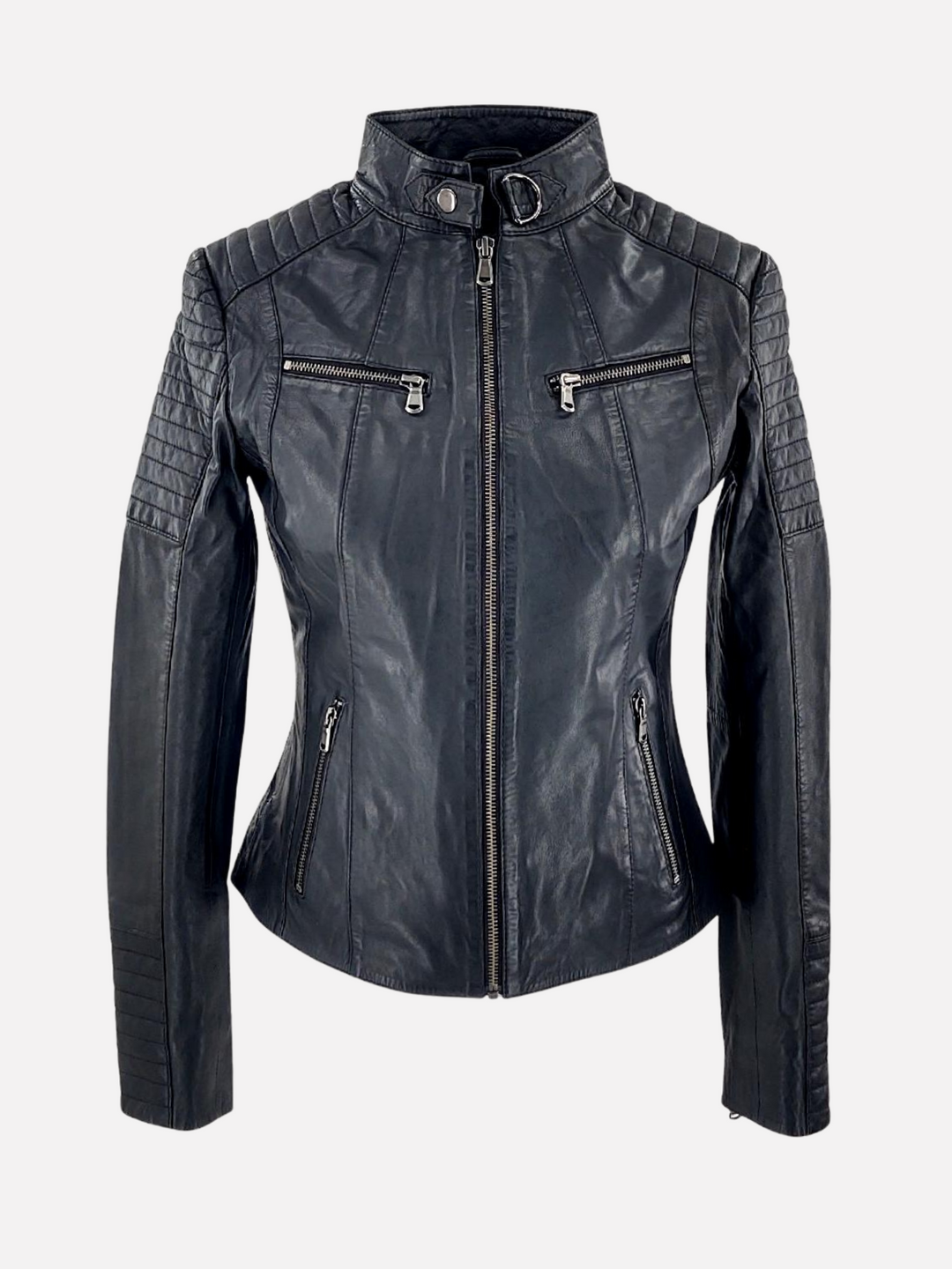 Scooty black lambskin biker jacket, front view showing a buckle collar, four zipped pockets and quilted shoulders